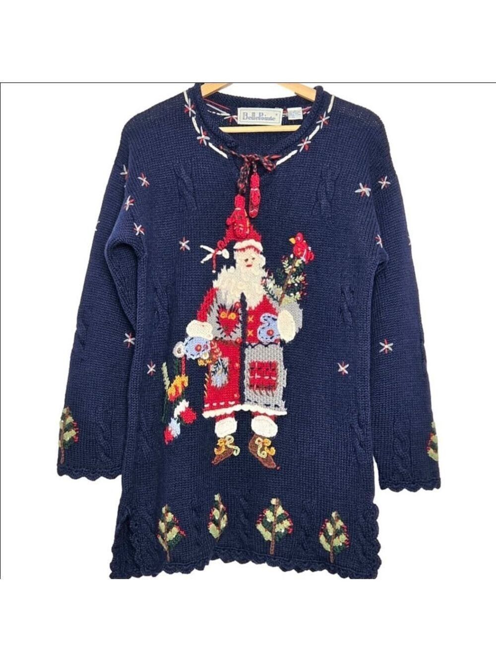 Vtg Belle Pointe Wool Santa Saint Nick Navy Christmas Sweater Women's Medium